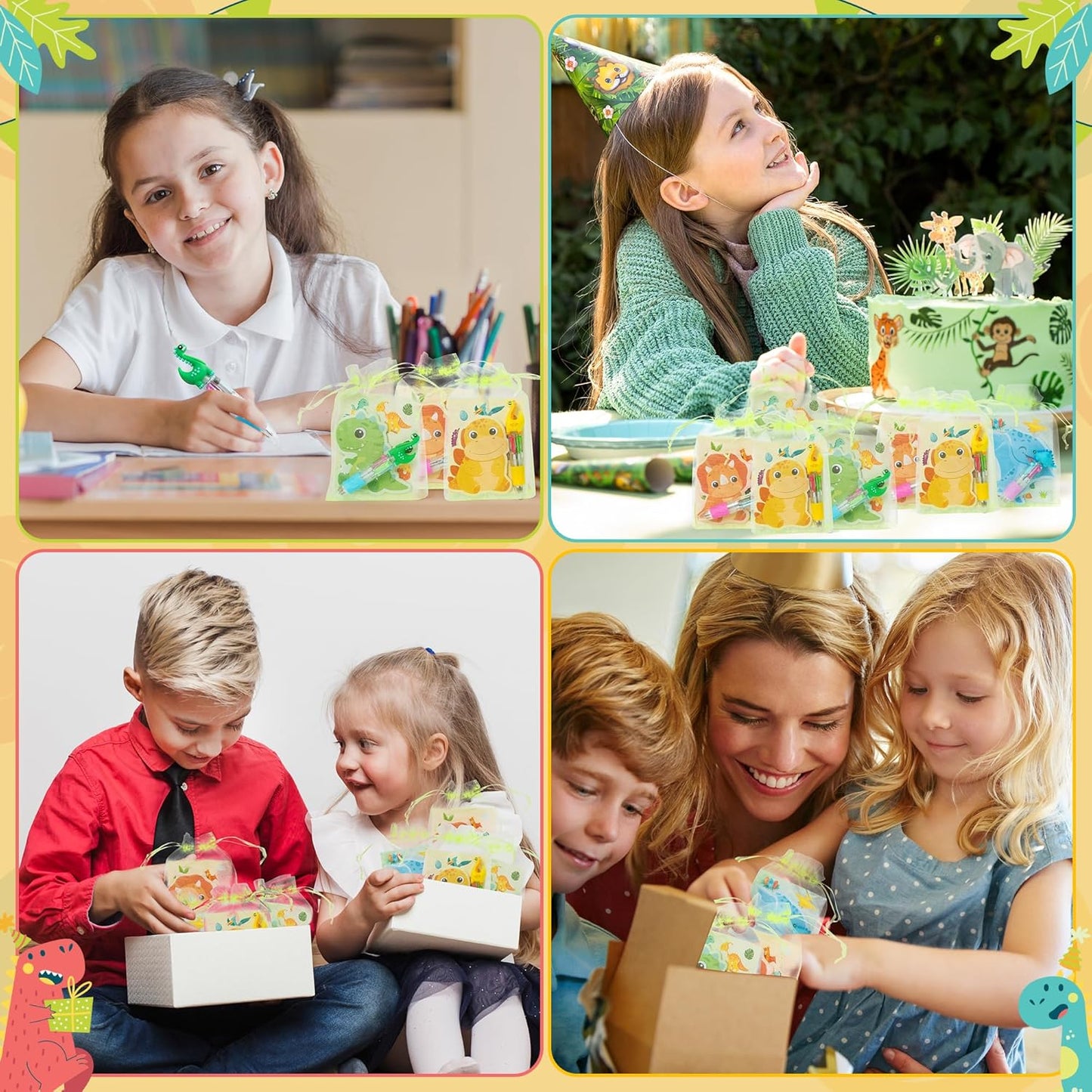 CY2SIDE Dinosaur Stationery Party Gift - 24 Pack Back to School Gifts Set Include 4-in-1 Ballpoint Pens Sticky Notes Stickers & Organza Dino Animal Party Favors Goodie Bag Fillers for Classroom Prizes