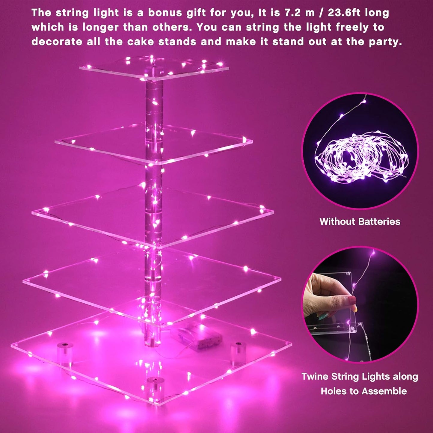 YestBuy Cupcake Stand with Yellow Led Lights, 4 Tier Cupcake Stand for 50 Cupcakes, Acrylic Cupcake Tower Stand, Clear Tiered Cupcake Holder for Birthday Cady Bar Décor Weddings, Parties Events