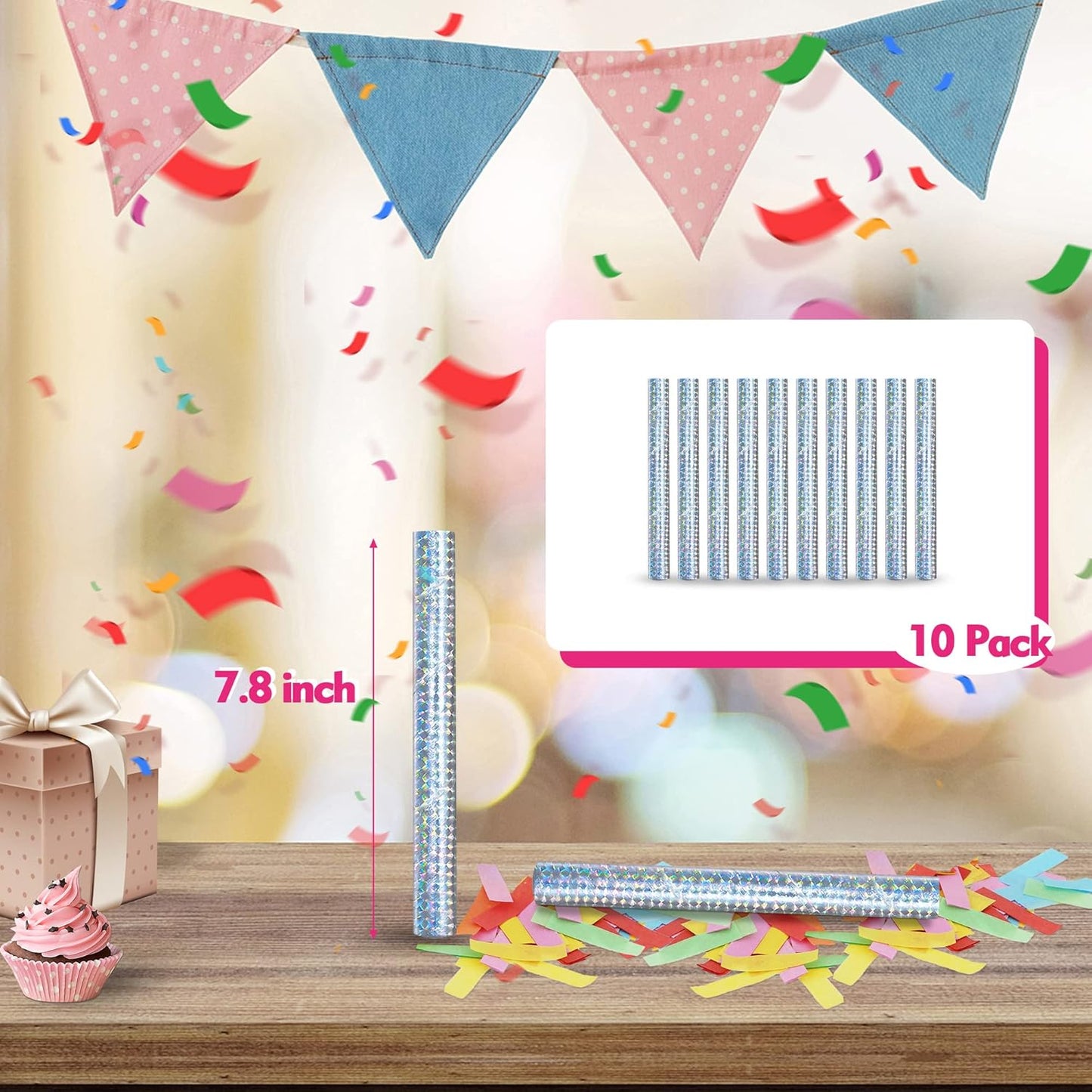 10 Pieces Colorful Confetti Sticks, Compostable Tissue Paper, Shoot Poppers, Handheld Flick Sticks for Indoor/Outdoor Weddings, Birthdays, Celebrations, Events, Party Supplies (7.8in)