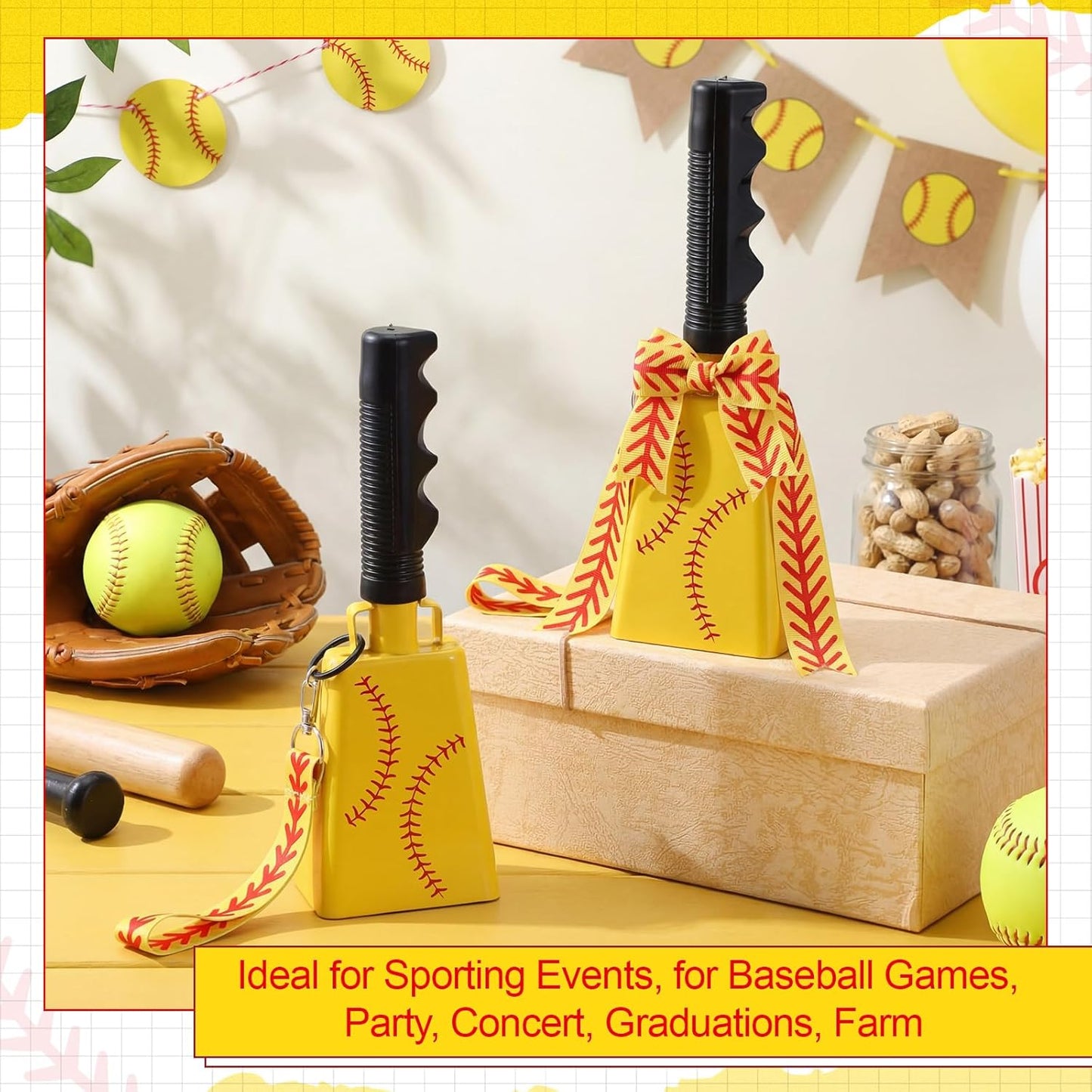 Relaxweex 2 Pack Cow Bells with Handle & Wrist Strap Ribbon Bows Loud Cowbell Noise Makers for Sporting Events, Games, Cheer, Graduations, Team(Baseball)
