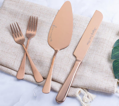 Wedding Cake Knife and Server Set with Forks, Engraved Cake Cutting Set for Wedding Anniversary Christmas Engagement（Gold