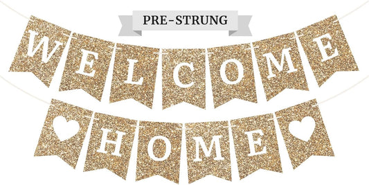 Pre-strung Welcome Home Banner - No DIY - Gold Glitter Welcome Home Banner - Pre-strung on 6 ft Strand - Housewarming, Homecoming, & Military Return Party Decorations & Decor. Did We Mention No DIY