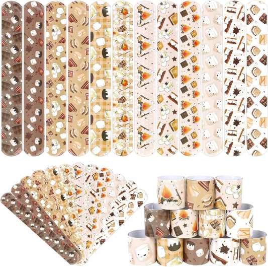 Serencatcher 48PCS S'mores Slap Bracelets Bulk S'mores Party Favors S'mores Slap Wristbands for S'mores Party Decorations Gifts Camping Campfire Camper Birthday Baby Shower Party Supplies