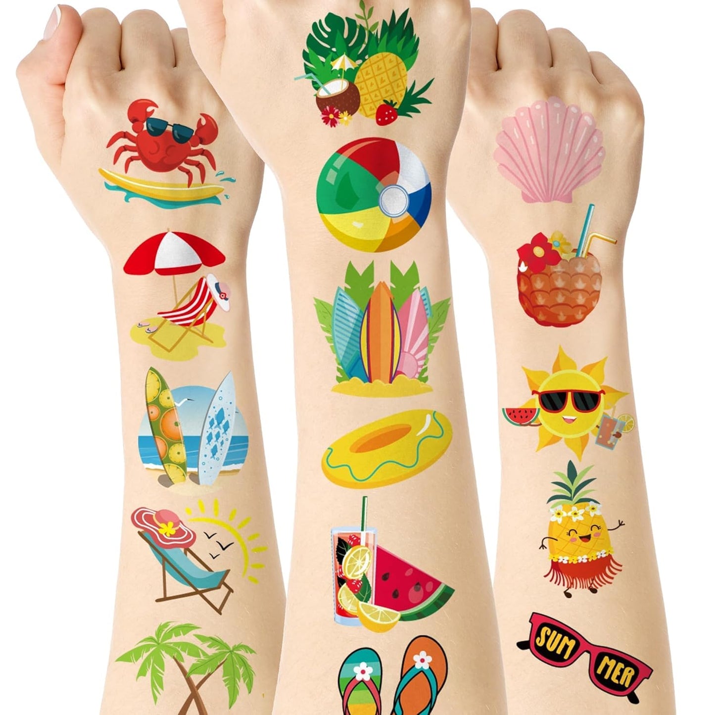ADXCO 144 Pieces Summer Pool Party Tattoos Hawaiian Luau Themed Tattoos Waterproof Beach Temporary Tattoos Stickers for Adults, Tropical Party Decorations Supplies Favors