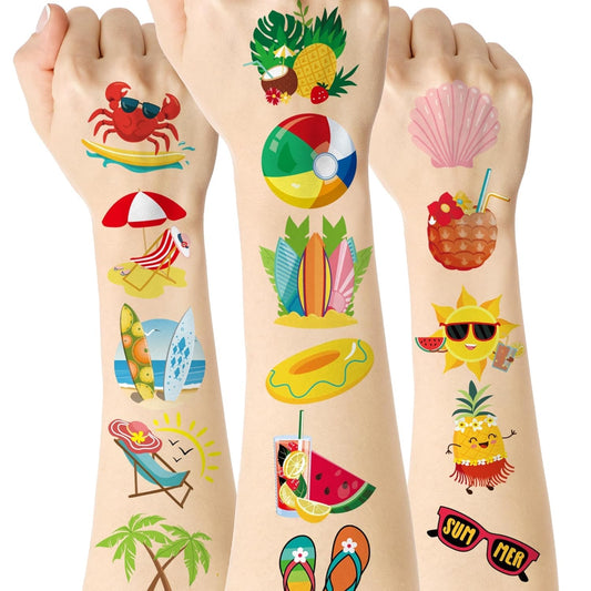 ADXCO 144 Pieces Summer Pool Party Tattoos Hawaiian Luau Themed Tattoos Waterproof Beach Temporary Tattoos Stickers for Adults, Tropical Party Decorations Supplies Favors