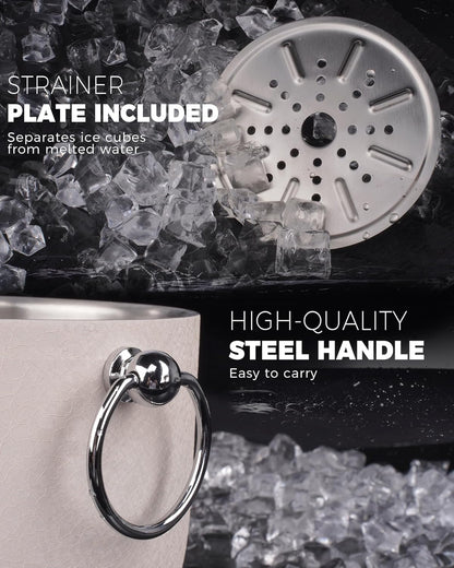 POLIVIAR Ice Bucket, 2.5L Double Wall Ice Bucket with Lid, Stainless Steel Ice Bucket with Tong & Strainer, Ice Bucket for Cocktail Bar, Home & Parties, JX2023-IBLU