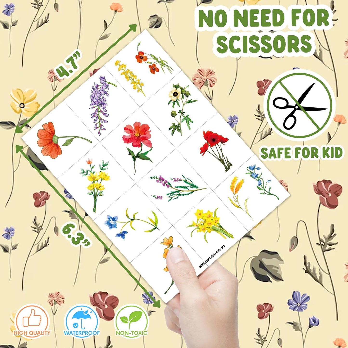96 PCS Small Wildflower Floral Pre–Cut Temporary Tattoos Birthday Party Decorations Supplies Favors Spring Flower Bouquets Decor Stickers Gifts Boys Girls Classroom School Prizes Reward (Normal)