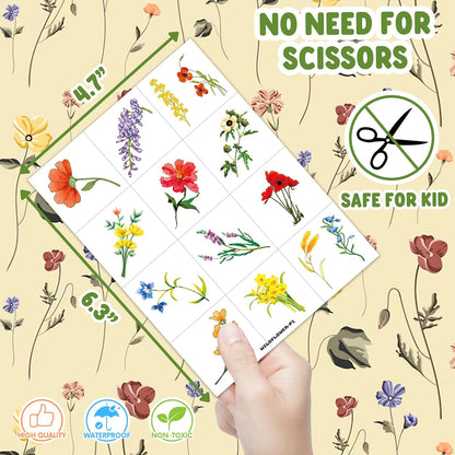 96 PCS Small Wildflower Floral Pre–Cut Temporary Tattoos Birthday Party Decorations Supplies Favors Spring Flower Bouquets Decor Stickers Gifts Boys Girls Classroom School Prizes Reward (Normal)