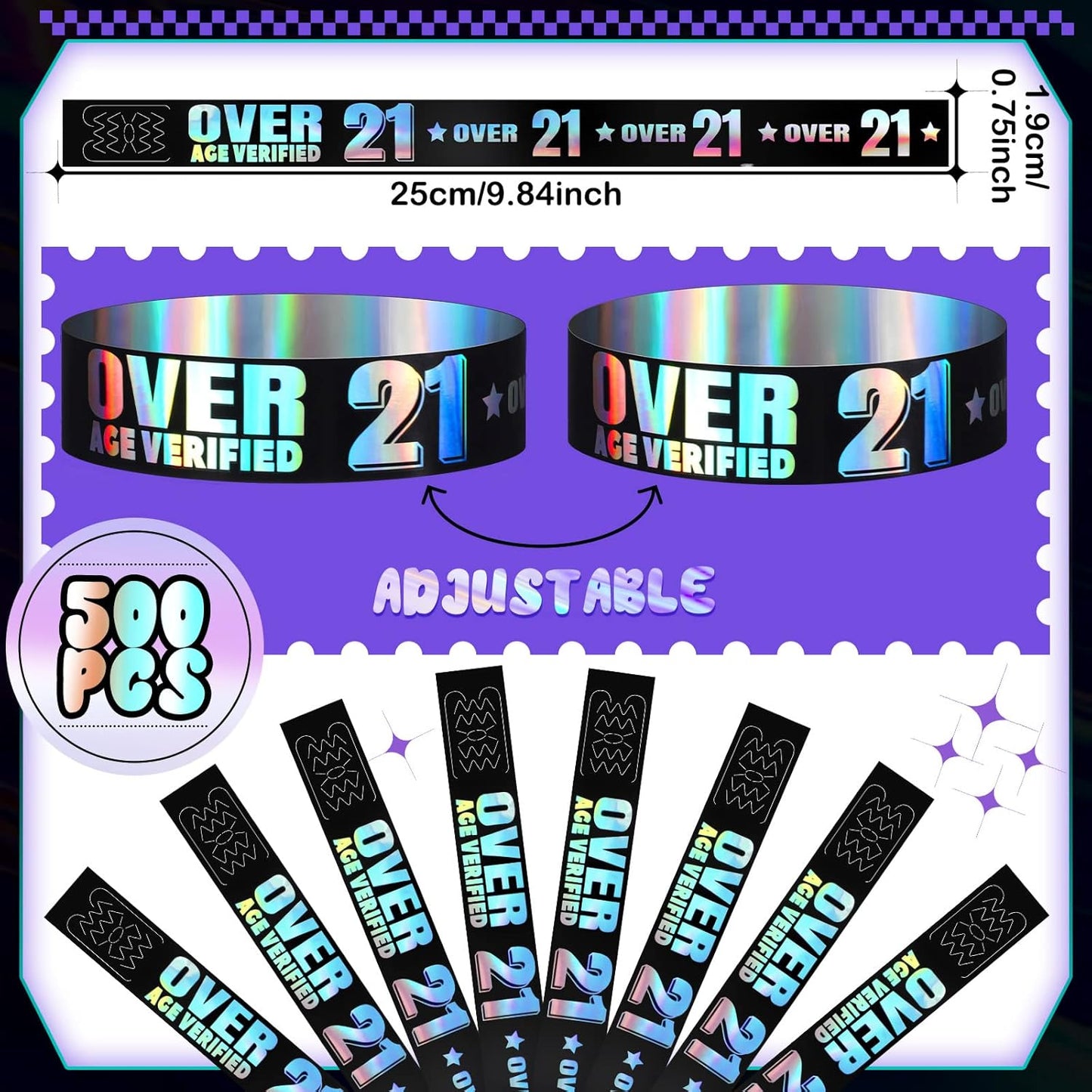 Ferraycle Over 21 Wristbands Holographic Events Wristbands Plastic Party Bracelets Waterproof Bracelets Arm Bands for Events Concerts