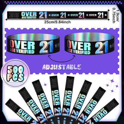 Ferraycle Over 21 Wristbands Holographic Events Wristbands Plastic Party Bracelets Waterproof Bracelets Arm Bands for Events Concerts