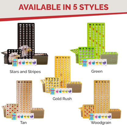 MR CHIPS Jam-Proof Bingo Cards with Sliding Windows, 25 Reusable Shutter Cards, 75 Calling Cards 1 Master Board in Tan Woodgrain Style