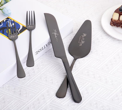 4 Pieces Wedding Cake Knife and Server Set, Stainless Steel Mr and Mrs Cake Cutter and Forks for Wedding, Birthday, Bridal Shower Gifts for Couples (Rose Gold)