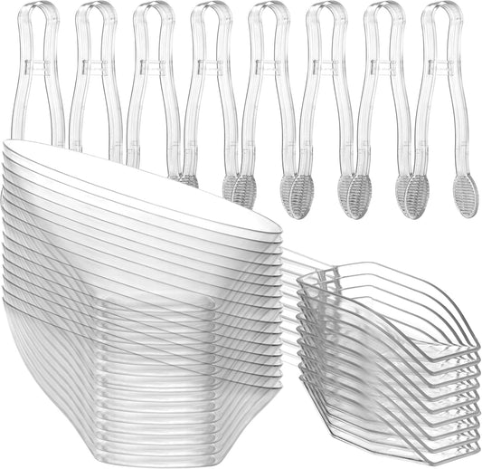 Clear Plastic Candy Bowls 6 oz (32 Pcs Set) - 16 Angled Bowls w/ 8 Scoops & 8 Tongs, Hard Disposable Candy Bar Containers for Buffets, Ice Cream Sundae Dessert Supplies, Toppings & Party Serving Cups