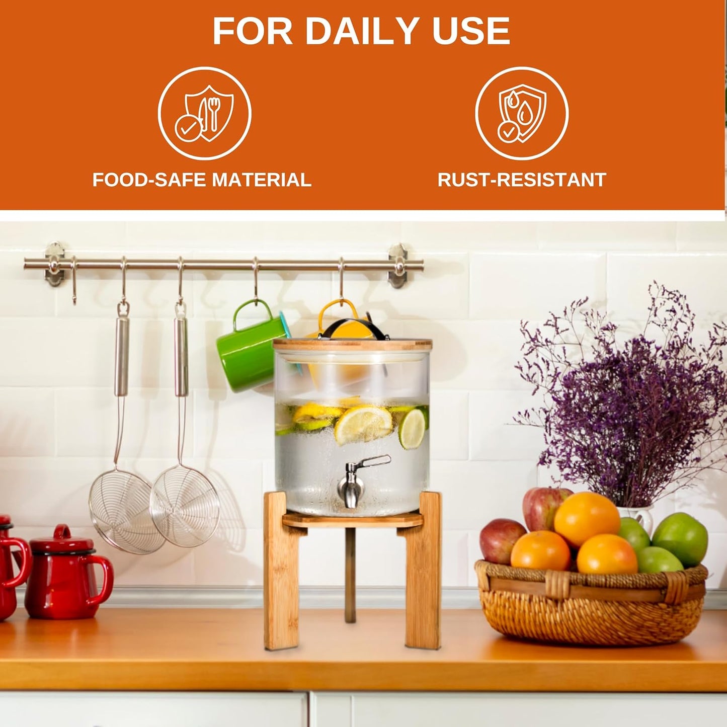 Glass Beverage Dispenser with Bamboo Stand 6.7 In and Lid, Iced 2.9 Gallon Drink Server with Spigot, Large Thick Glass Drink Dispenser for Parties, Hotels, Restaurants, Homes