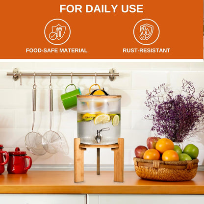 Glass Beverage Dispenser with Bamboo Stand 6.7 In and Lid, Iced 2.9 Gallon Drink Server with Spigot, Large Thick Glass Drink Dispenser for Parties, Hotels, Restaurants, Homes