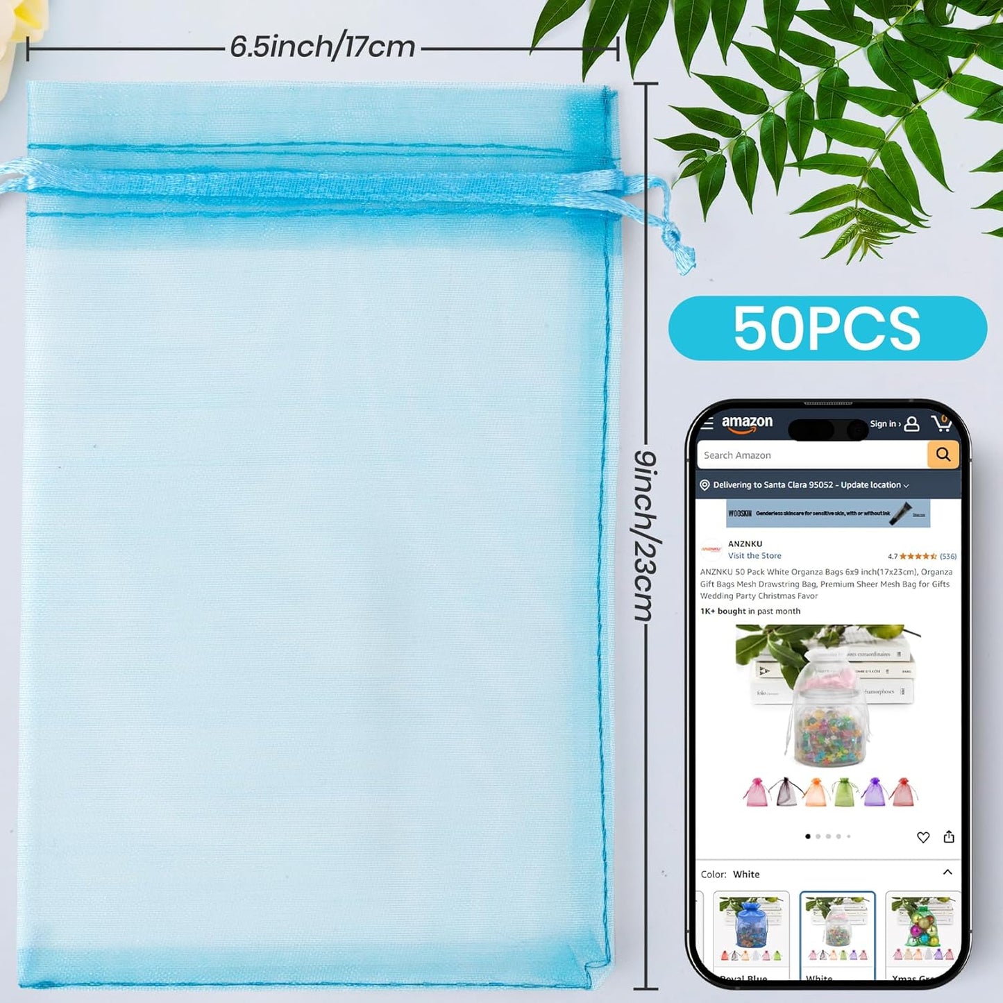 ANZNKU 50PCS Organza Bags 6x9 Large White Gift Bags for Candy Goodie Sachet Jewelry, Mesh Bag Drawstring Sheer Packaging Pouches for Wedding Favors Mother's Day Birthday Party Baby & Bridal Shower