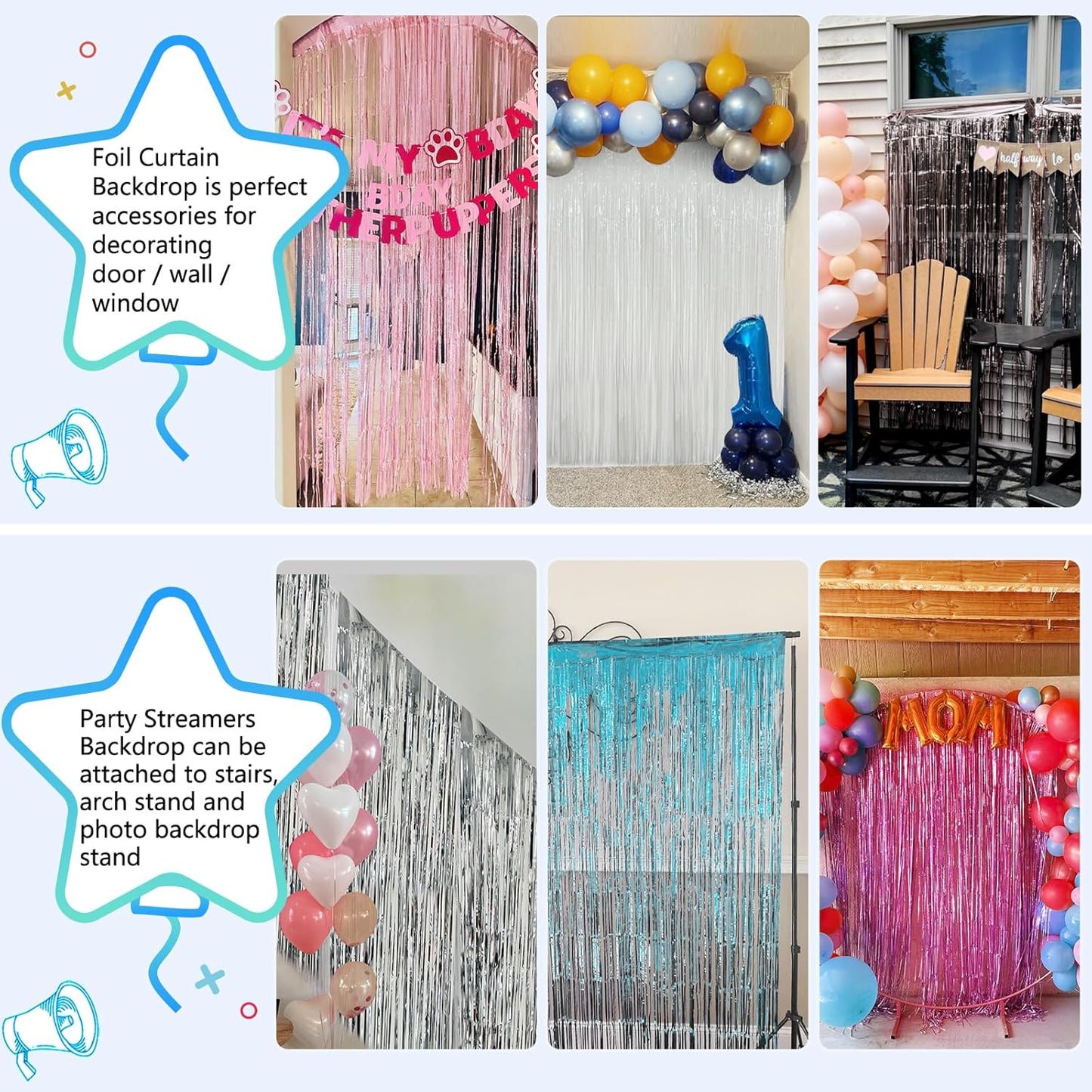 2 Pack Foil Curtain Backdrop Curtains Silver Tinsel Door Streamers Birthday Party Decorations Photo Booth Props for Disco Party Graduation Wedding Baby Shower Bachelorette Christmas Gender Reveal