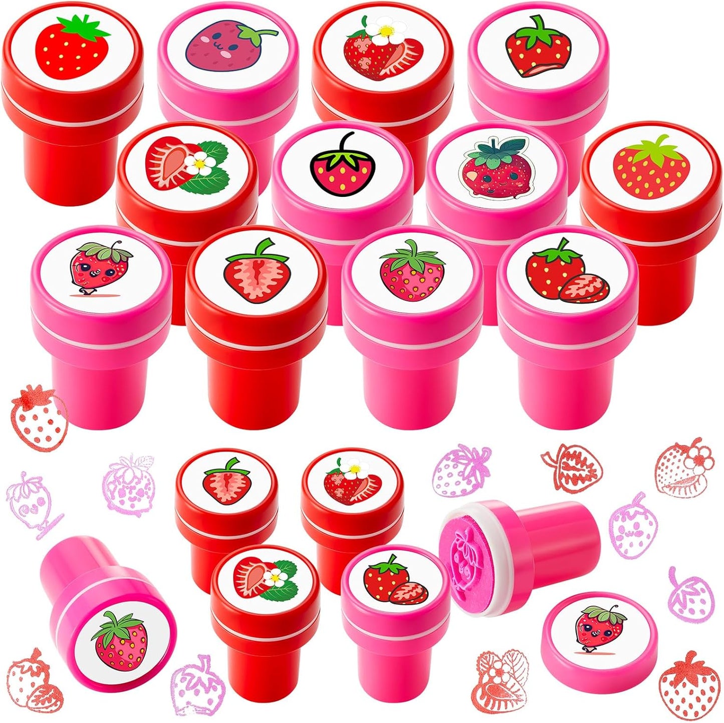 MotiMind 24 Pcs Strawberry 12 Designs Stampers Berry First Birthday Party Favors, Self-Inking Mini Stampers for Kids, School Rewards, Goodie Bag Fillers, Carnival Prizes, DIY Craft, Shortcake