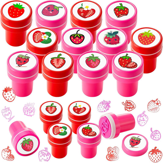 MotiMind 24 Pcs Strawberry 12 Designs Stampers Berry First Birthday Party Favors, Self-Inking Mini Stampers for Kids, School Rewards, Goodie Bag Fillers, Carnival Prizes, DIY Craft, Shortcake