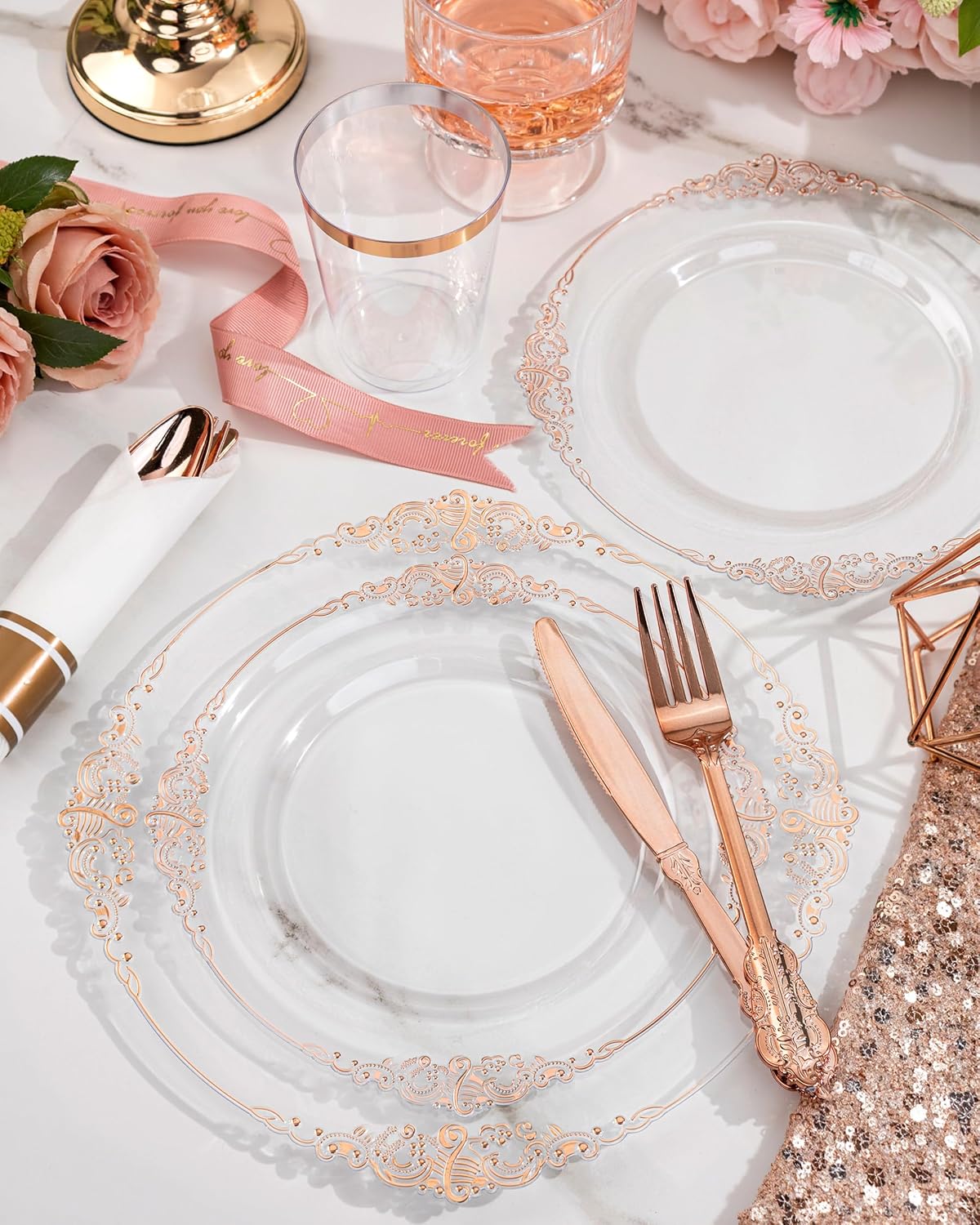 Nervure 350PCS Gold Plastic Plates - Gold Plastic Dinnerware Sets for 50 Guests - 100 Disposable Plates, 150 Silverware, 50 Cups, 50 Napkins for Wedding & Party & Mothers Day