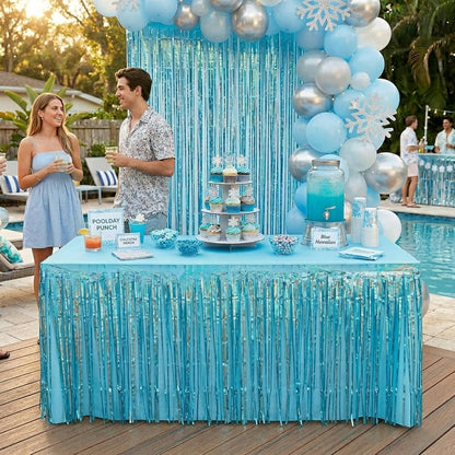 Blue Streamers Party Decorations, 2 Packs Blue Table Skirts Metallic Foil Fringe Tinsel for Birthday Under the Sea Boy Baby Shower Float Parade Mardi Gras Graduation Party Supplies -29x108Inch