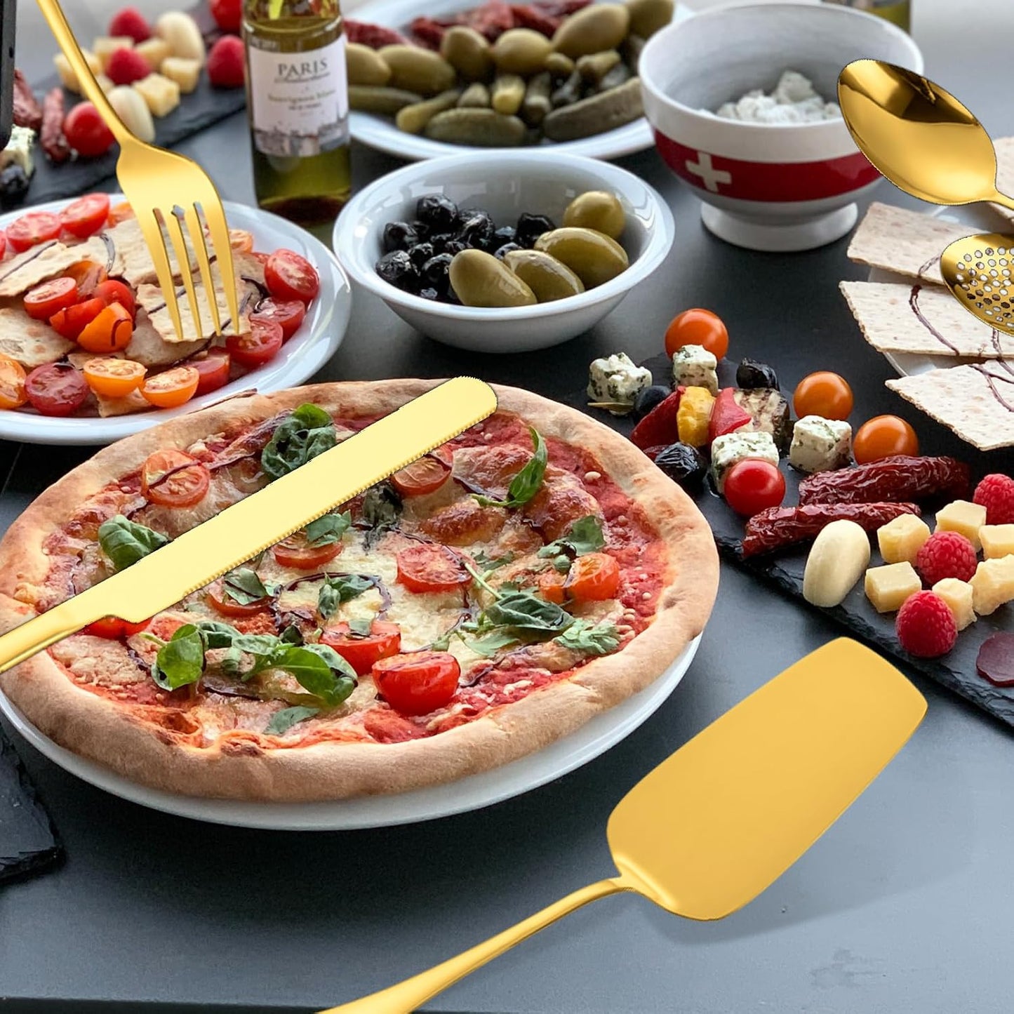 Stainless Steel Serving Utensil Set 10-Piece Buffet Flatware Catering Silverware with Bread Tong,Cake Spatula,Serving Ladles,Salad Fork,Cheese Knife,Large Spoon for Parties Buffet