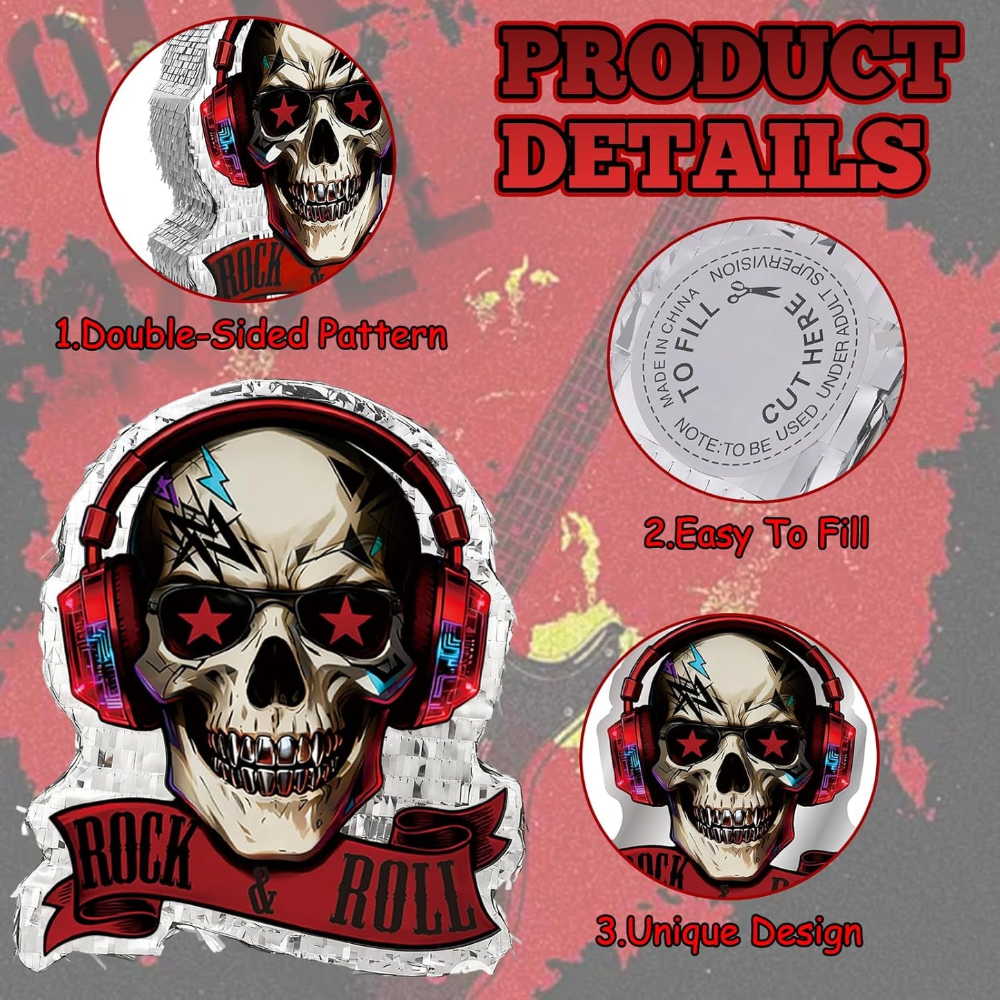 Rock and Roll Skeleton Piñata with Headphones Design Blindfold Hitting Stick Confetti for Music Themed Birthday Party (15.56 x 13.19 x 2.76 inch)