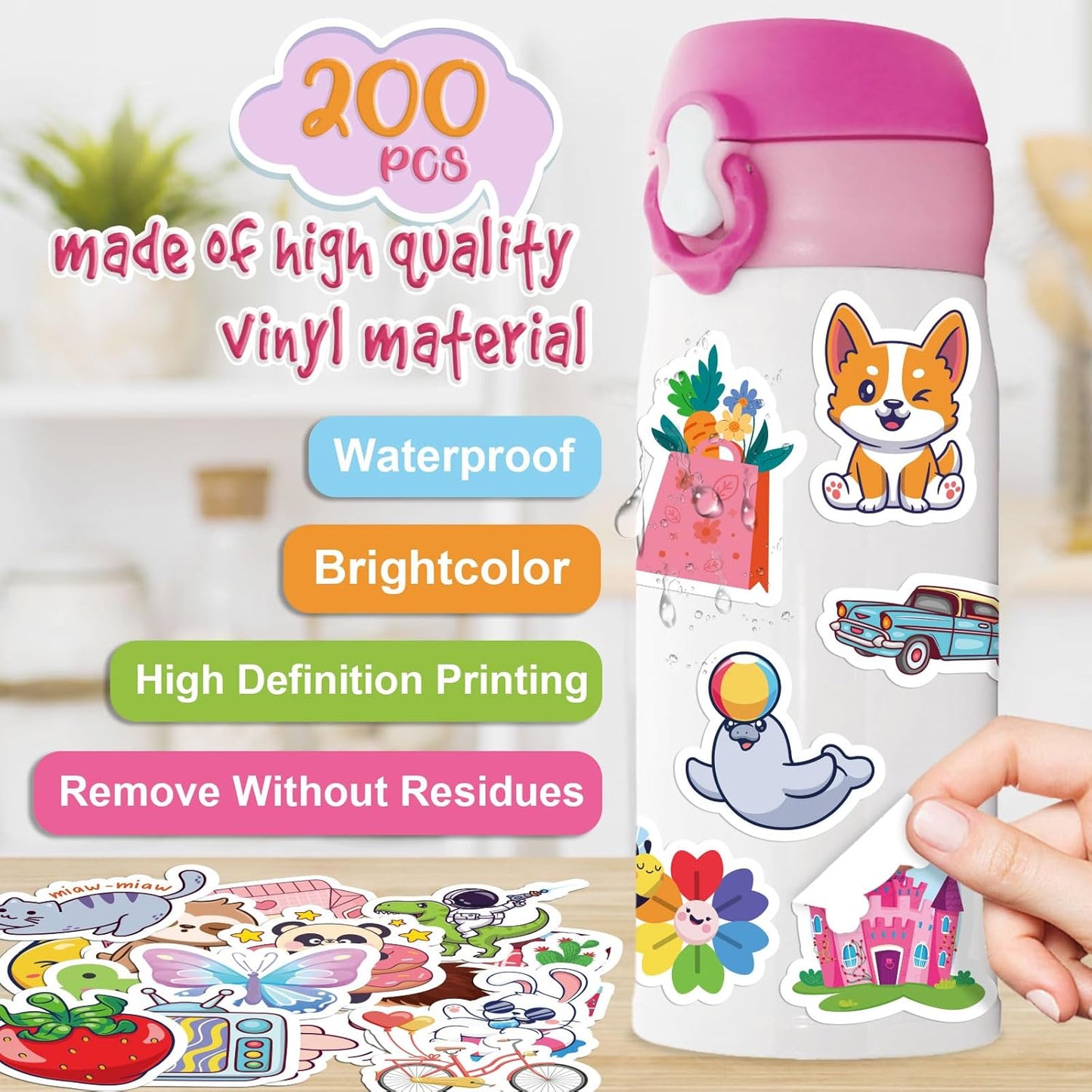 ALODNY 200 PCS Water Bottle Stickers for Kids Cute Sticker,Waterproof Vinyl Stickers for Water Bottles laptops,Kawaii Stickers for Kids Classroom Prize Boys Girls Teens