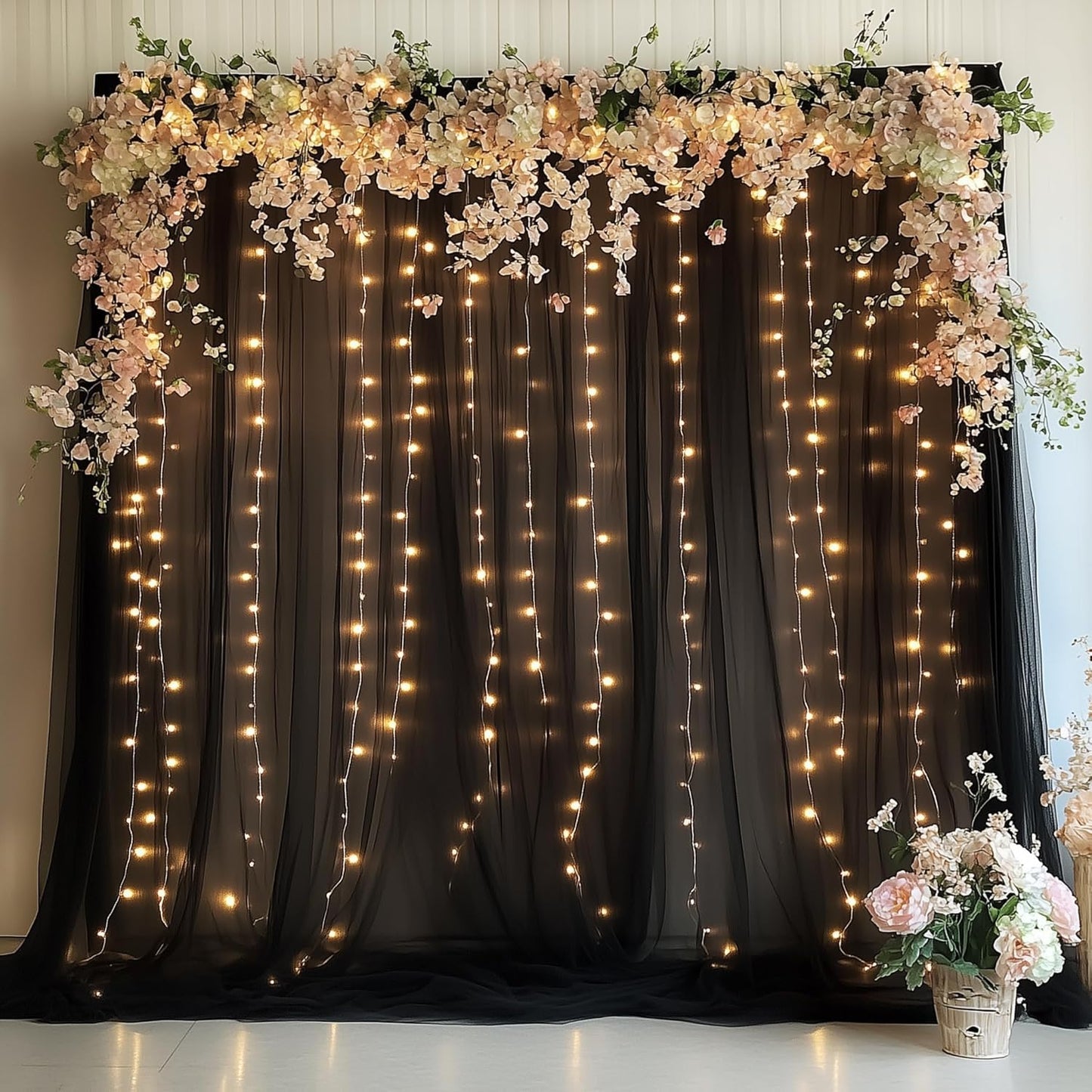 Fomcet Tulle Backdrop Curtains with Lights String White 10FT X 8FT Sheer Curtain with Lights Tulle Curtains Backdrop for Wedding Birthday Party Baby Shower Photo Shoot (2 Panels 5x8FT)