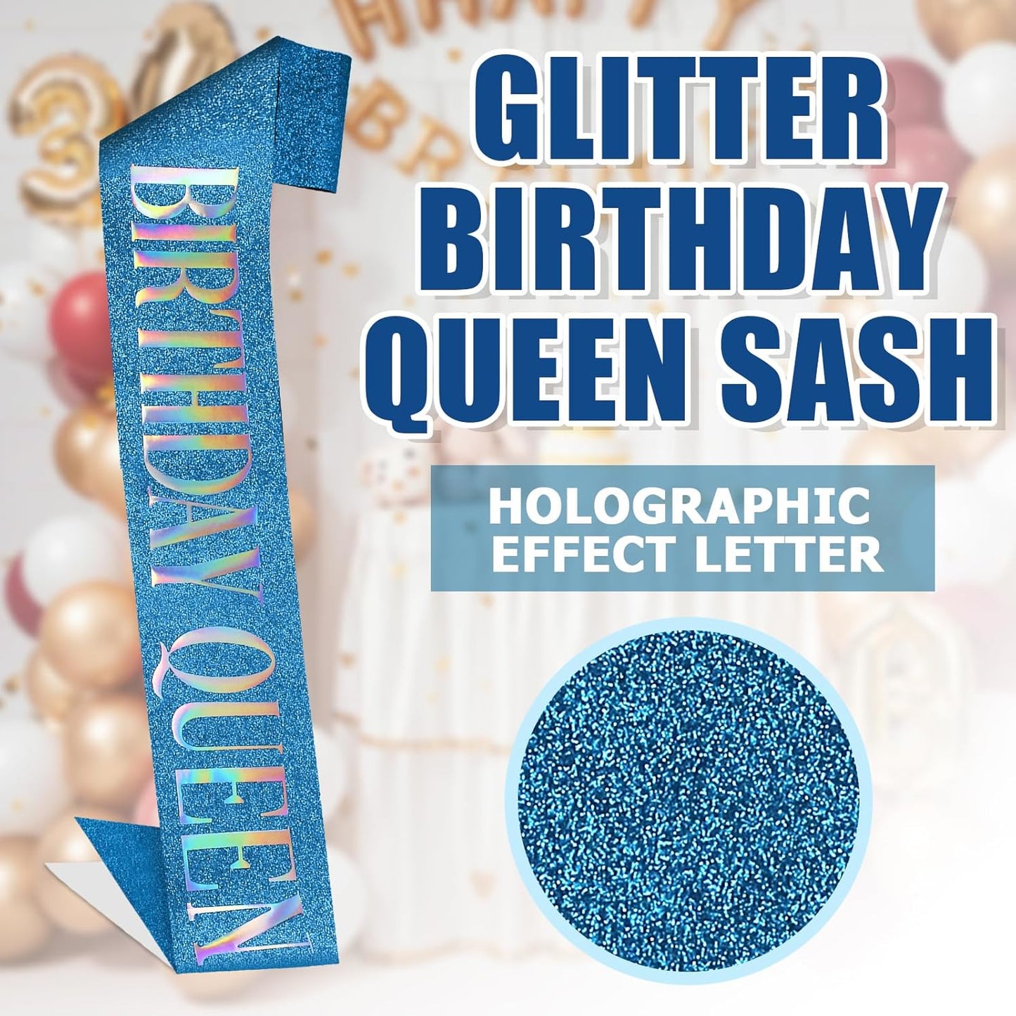 RUDONG M Birthday Queen Sash Glitter - Gold Birthday Sash for Women & Girls | Sweet 16/18th/21st/30th/40th/50th/60th/70th, All-Age Celebration Party Decor