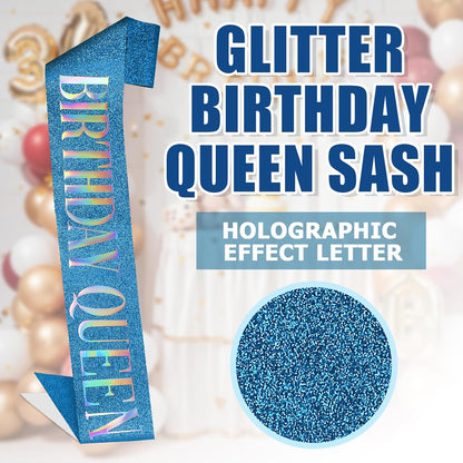 RUDONG M Birthday Queen Sash Glitter - Gold Birthday Sash for Women & Girls | Sweet 16/18th/21st/30th/40th/50th/60th/70th, All-Age Celebration Party Decor