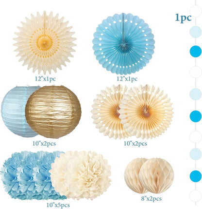 Tissue Paper Pom Poms - 23 PCS Dusty Blue Paper Flowers Pom Pom Kit Circle Dot Party Banner Hanging Swirl Party Decorations for Wedding Birthday Baby Shower Bridal Shower Tea Party
