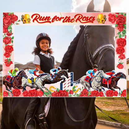 YVAINE Kentucky Horse Photo Booth Frame with 25 Pcs Kentucky Horse Racing Derby Day Photo Booth Props Run for The Rose Photo Frame for Derby Day Birthday Party Supplies