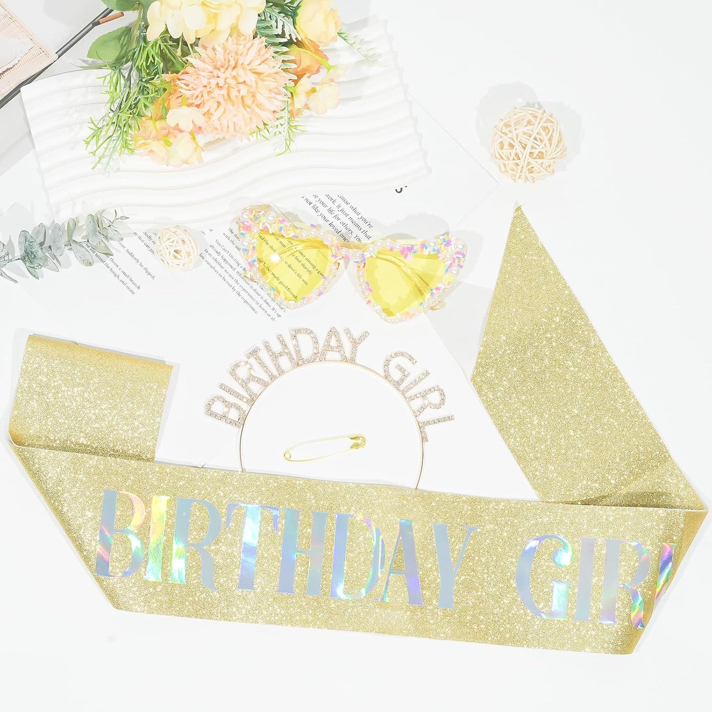 3Pcs Birthday Girl Sash Headband Set-Birthday Sash Tiara and Crown Sunglasses for Girls Women