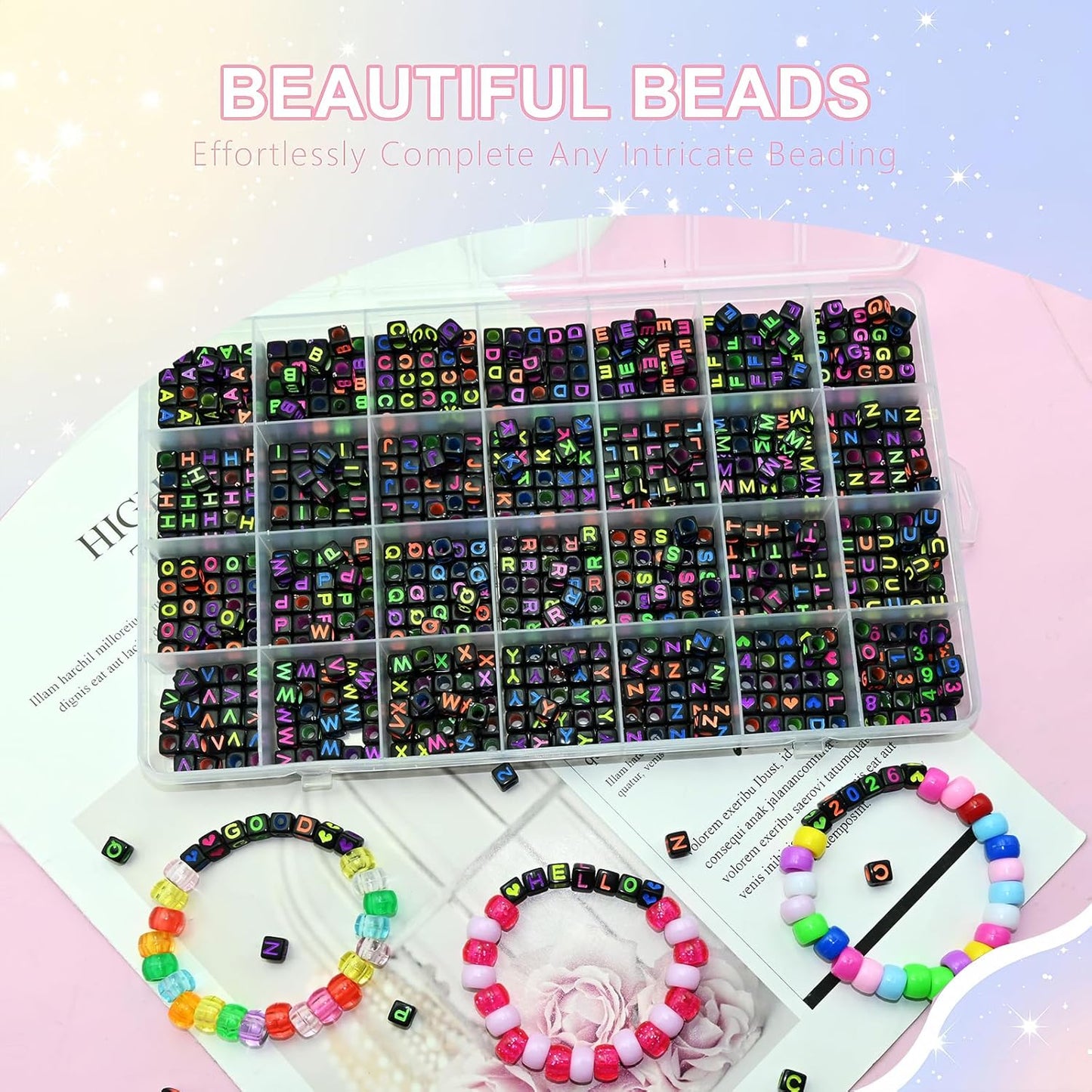 Amaney 1400pcs Glow Letter Beads, Heart Beads Whit Elastic Beading Cord,4x7mm Round Acrylic Alphabet Beads for Friend Bracelet Jewelry Making