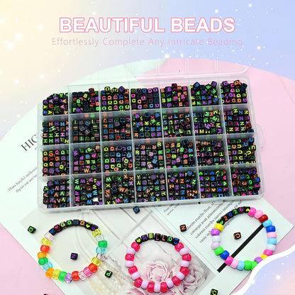 Amaney 1400pcs Glow Letter Beads, Heart Beads Whit Elastic Beading Cord,4x7mm Round Acrylic Alphabet Beads for Friend Bracelet Jewelry Making