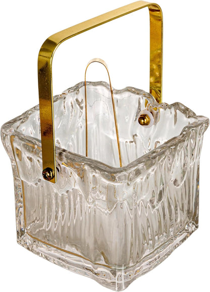 Creative Co-Op 24-Ounce Textured Glass Ice Bucket with Gold Finish Handle and Tongs, Clear/Gold