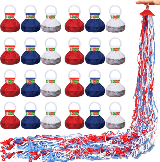 Soulchen 24 Pack 4th of July No Mess Confetti Popper Hand Throw Streamer Popper Bulk Red Blue White Confetti for 250th Anniversary Celebration Independence Day Patriotic Party Supplies Decorations
