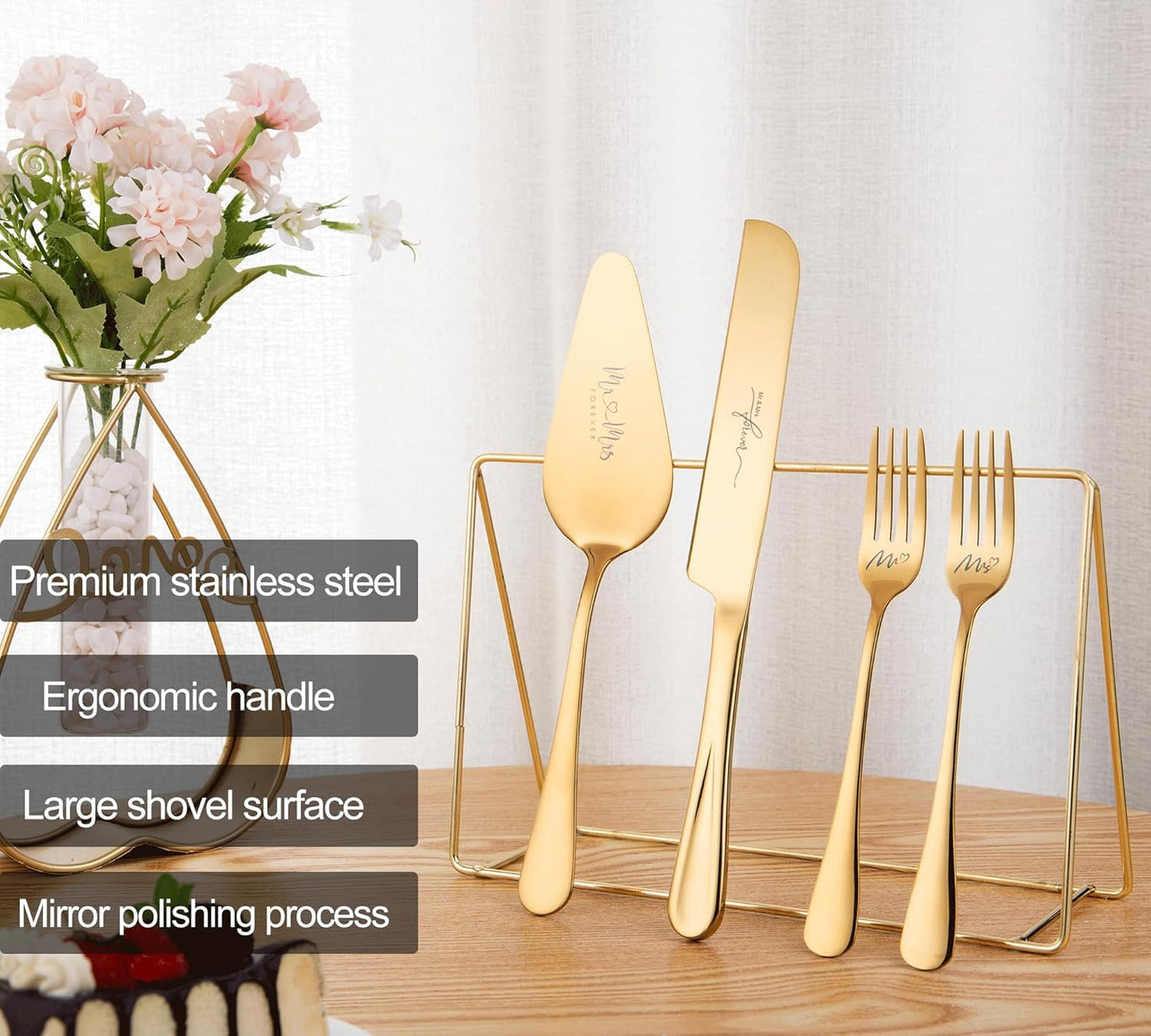 4 Pieces Wedding Cake Knife and Server Set, Stainless Steel Mr and Mrs Cake Cutter and Forks for Wedding, Birthday, Bridal Shower Gifts for Couples (Rose Gold)