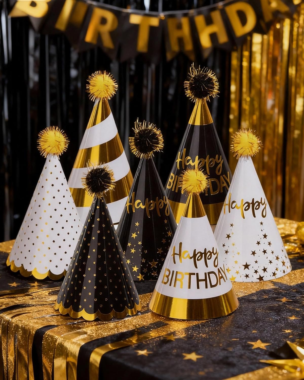 JOYEONDEF 30 Pcs Gold Birthday Party Hats Cone Hats Includes 8 Birthday Paper Hats and 22 Noise Makers