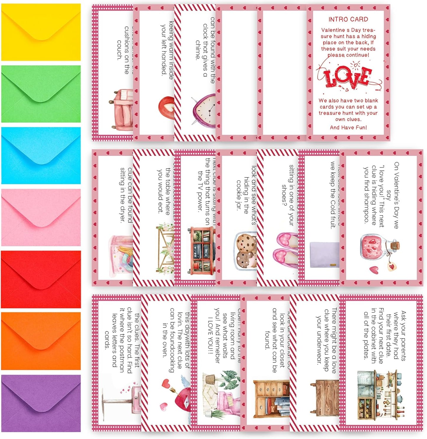 Valentine's Day Treasure Hunt Clue Card, Set of 19 Cards and 22 Envelopes, Indoor Scavenger Hunt Clues, Holiday Activity Celebration Anniversary Party Game, xbg01