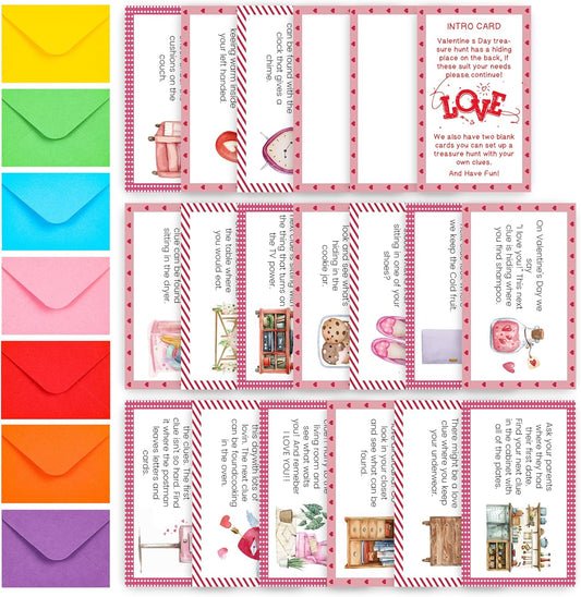 Valentine's Day Treasure Hunt Clue Card, Set of 19 Cards and 22 Envelopes, Indoor Scavenger Hunt Clues, Holiday Activity Celebration Anniversary Party Game, xbg01