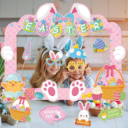 HOWAF Easter Photo Booth Props, 25pcs Happy Easter Party Decorations Photoshoot Props with Photo Frame, Egg Bunny Selfie Props for Spring Easter Photography