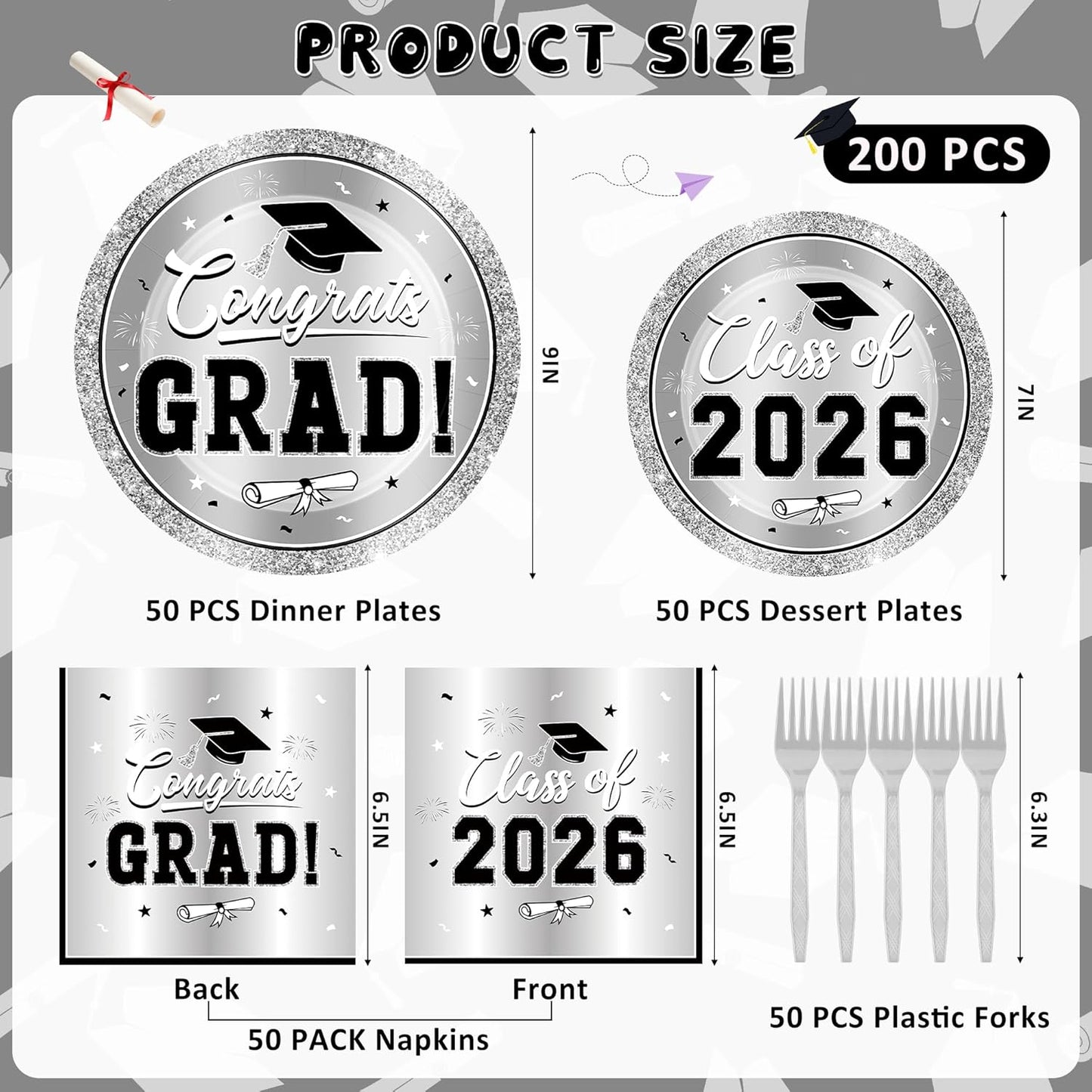 200Pcs Graduation Decorations 2026, Blue Graduation Plates and Napkins Party Supplies for 50 Guests, Disposable Grad Plates, Napkins, Dessert Plates and Forks for Grad Decor Wedding Birthday Supplies