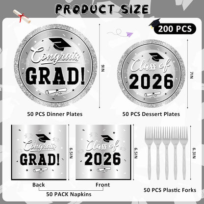 200Pcs Graduation Decorations 2026, Blue Graduation Plates and Napkins Party Supplies for 50 Guests, Disposable Grad Plates, Napkins, Dessert Plates and Forks for Grad Decor Wedding Birthday Supplies
