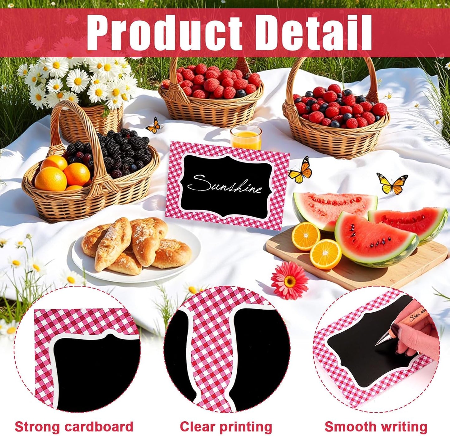 25 Pcs Picnic Party Decorations BBQ Party Decorations, Red Gingham Double Sided Cardboard Tent Cards for Table Number Food Labels Buffet Signs Wedding Baby Shower Event Decor Supplies