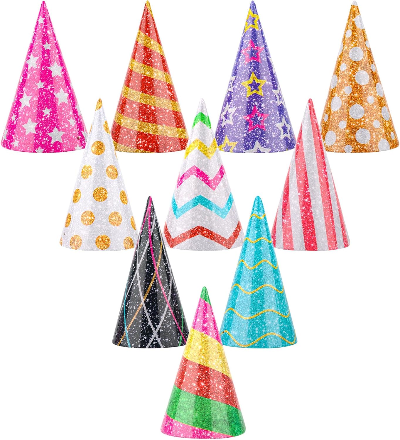 Hooqict 10 PCS Mini Party Hats for Stuffed Animals Kids Birthday Hats Glitter Paper Cake Cone Hats for Pet Birthday Baby Shower Party Supplies, Assorted