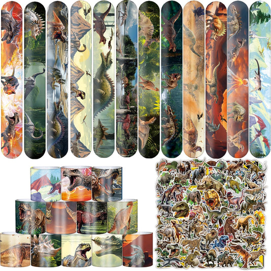 74PCS Dinosaur Party Favors 50PCS Realistic Jurassic Dinosaur Stickers, 24Pcs Dino Themed Slap Bracelet Jurassic Dinosaur Birthday Party Supplies & Goodie Bags Gifts Pinata Stocking Fillers Stuffers
