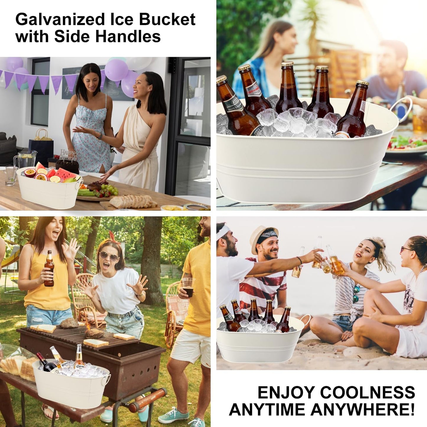 3 PCS 15.3 x 9 x 6 inches White Metal Galvanized Tub with Iron Handles, 3 Gallon Beverage Tubs for Parties, Large Ice Buckets for Beer, Wine, Cocktails & Outdoor Events