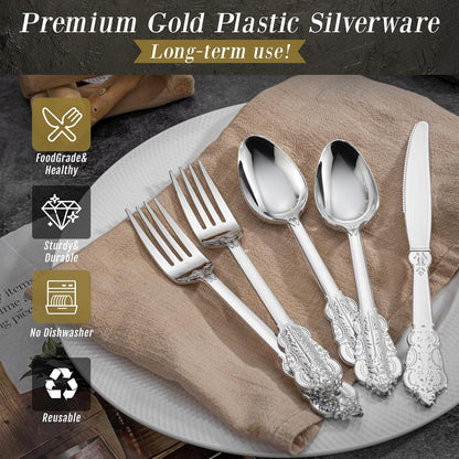 WDF300 Pieces Gold Plastic Silverware - Heavy Duty Disposable Cutlery Set Plastic Gold Silverware Set Includes 100 Forks, 100 Spoons, 100 Knives for Party Baby Shower Wedding Spring